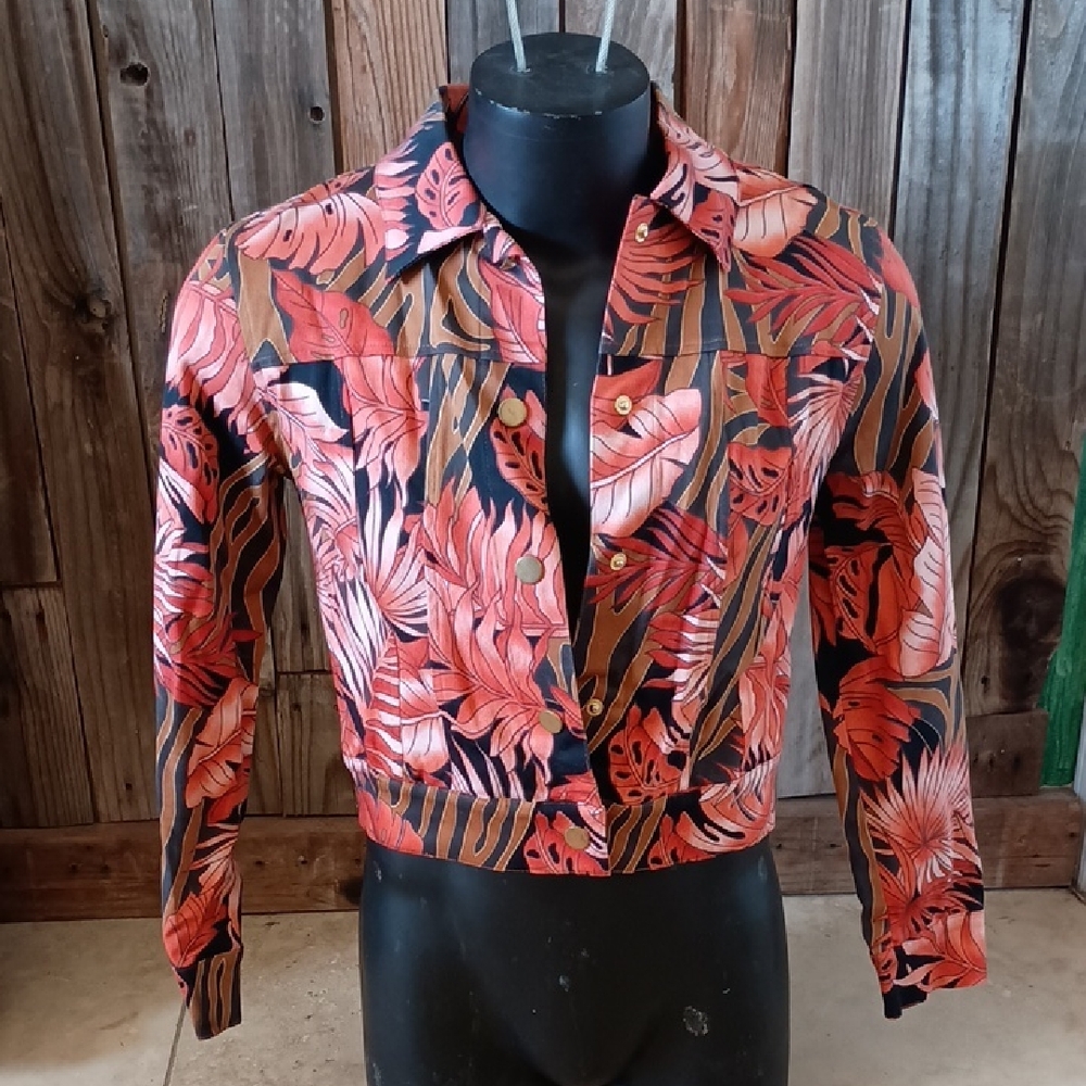 Cache Orange and Black Jean Jacket with Floral Print
